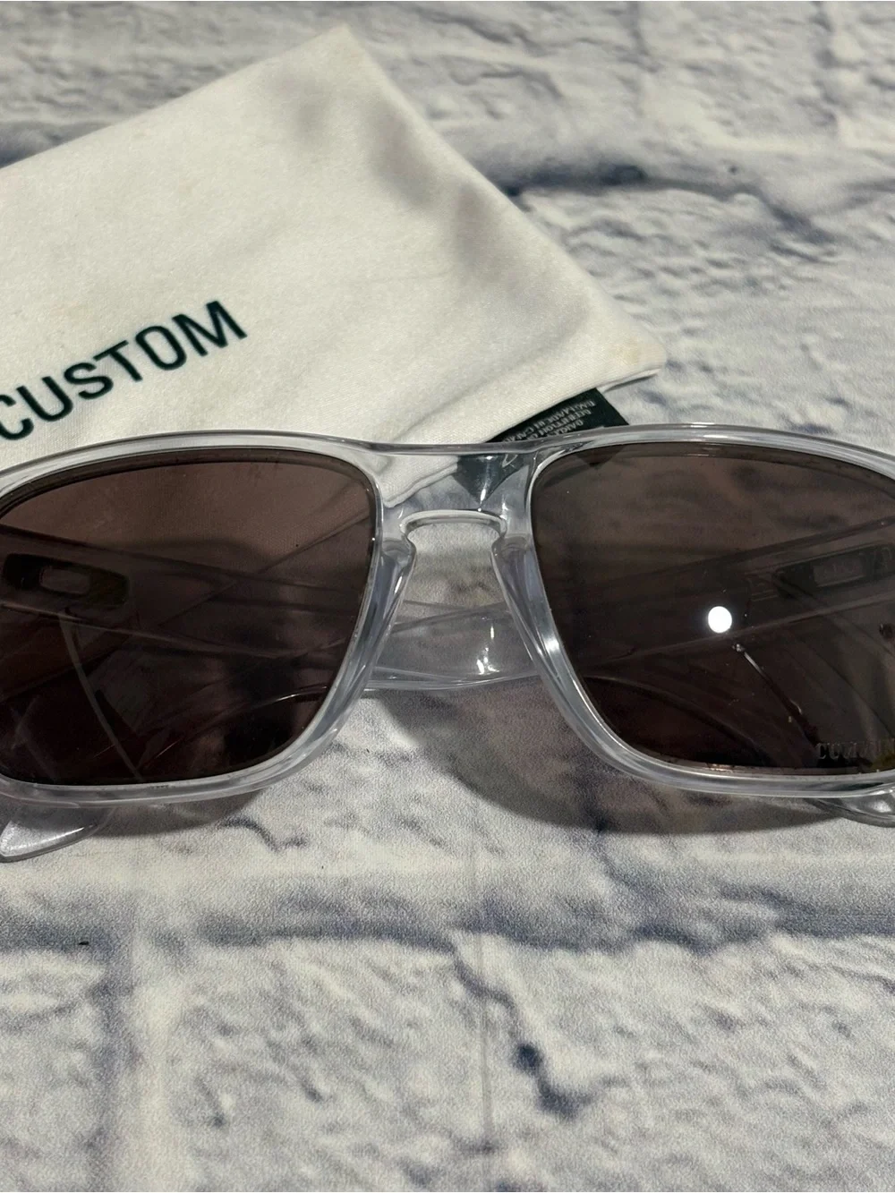 Oakley “Holbrook” customized clear frame/pink detail sunglasses + sleeve